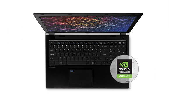 Black laptop showing a colorful digital wave pattern on screen with an NVIDIA Pro Graphics VR Ready badge.