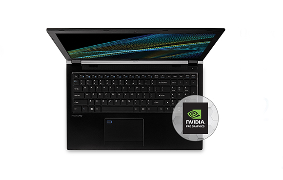 Open black laptop displaying a colorful abstract screen with an NVIDIA Pro Graphics logo in the corner.