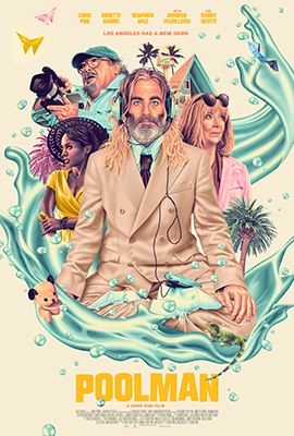 Collage of characters in a stylized teal splash surrounding a man in a tan suit and headphones.