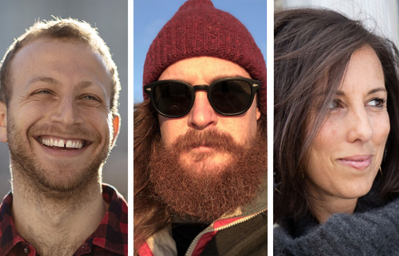 Three portraits: a smiling man, a man with a red beanie and beard, and a woman with dark hair.