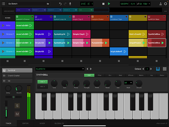 A digital music production interface showing a drum sequencer grid and a synthesizer keyboard.