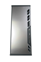 A slim, vertical silver and dark grey computer tower with various ports on the side.
