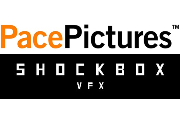 Logo for Pace Pictures in orange and black text above Shockbox VFX in white text on a black background.
