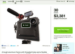 A crowdfunding campaign page displaying a camera rig with a microphone and light, showing 30 backers and $3,381 pledged.