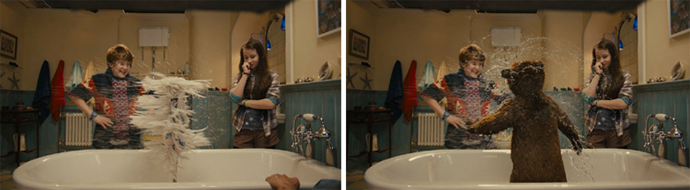 Two children in a bathroom with water splashing; one image shows a white feather object, the other a brown bear.