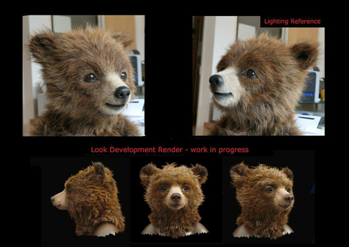 Four digital renders of a realistic brown bear head from various angles and lighting conditions.