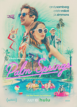 Movie poster for Palm Springs with three actors and people relaxing in a swimming pool.