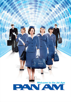 Six airline crew members in blue uniforms walking toward the viewer against a blue patterned background.