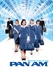 Six flight attendants in blue uniforms walking toward the camera in a bright, blue-toned hallway.