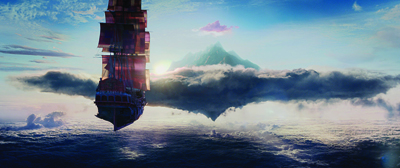 A multi-masted sailing ship floats amidst clouds above a vast ocean under a bright sky.