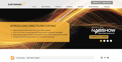 Panasas website banner with golden light streaks and text introducing DirectFlow for Mac.