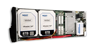 Two 8TB HGST Ultrastar He8 hard drives mounted inside a server component with visible circuitry.