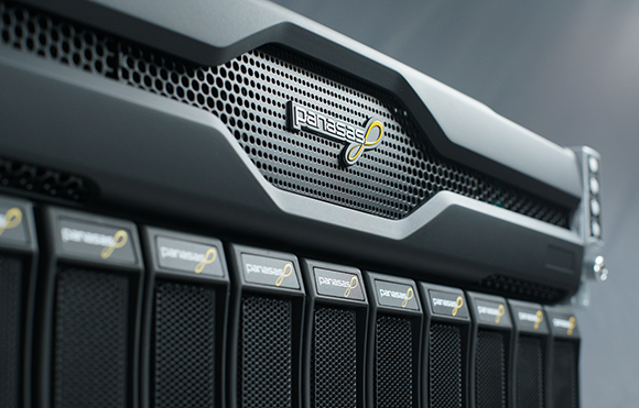 Close-up of a black Panasas server chassis featuring a mesh front panel and multiple drive bays.