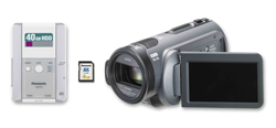 A grey digital camcorder with an open screen, a small SD card, and a white 40GB external hard drive.