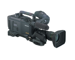 A professional black Panasonic video camera with a large lens and handheld grip against a white background.