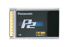 Panasonic P2 64GB memory card with gold contacts on the left side.