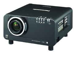 A black Panasonic digital projector with a large lens and various input ports on the side.