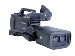 A black Panasonic professional video camera with a large lens and top handle against a white background.
