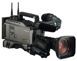 A professional Panasonic video camera equipped with dual antennas and two microphones.