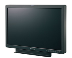 A black Panasonic computer monitor resting on a horizontal base against a white background.