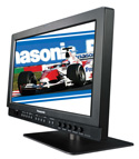 A black computer monitor on a stand displaying a formula racing car on screen.