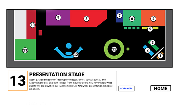 A colorful floor plan diagram with numbered sections on a black background and text below.