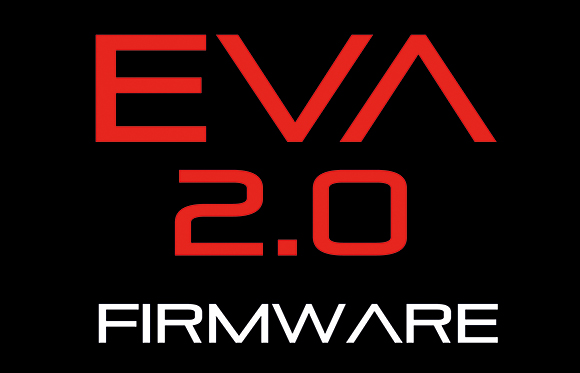 Red text reading EVA 2.0 above white text reading FIRMWARE on a black background.