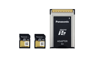 Three black Panasonic P2 memory cards and an adapter of different sizes on a white background.