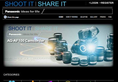 Panasonic banner for the AG-AF100 Camcorder featuring various camera lenses and a professional camcorder.