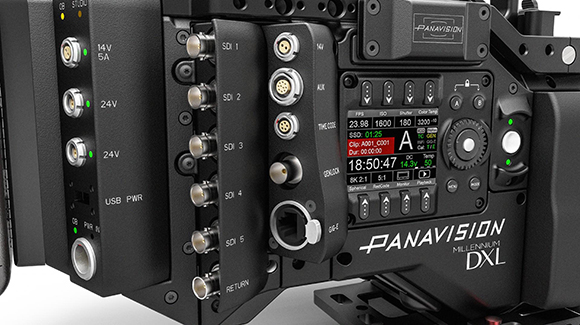 Close-up of the side panel and control screen of a black Panavision Millennium DXL camera.