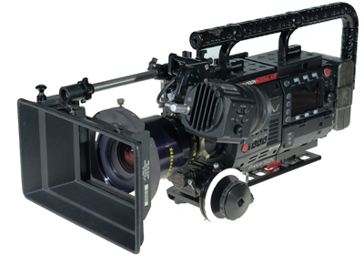A professional black Panasonic digital cinema camera with a large lens and matte box against a white background.