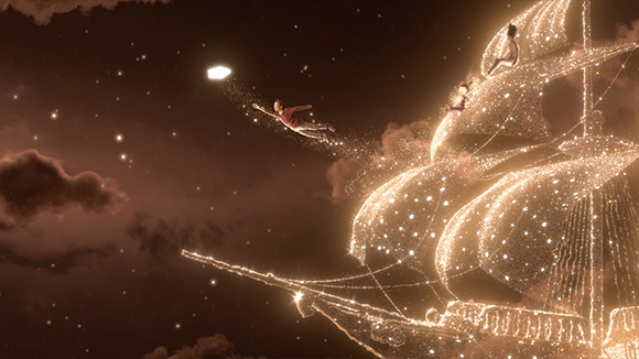 A luminous, sparkling sailing ship with figures on deck glides through a dark, starry night sky.