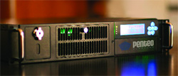Black rack-mounted server unit with a small digital screen, status lights, and the word Penteo.