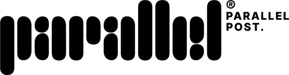 Black stylized logo for Parallel Post using rounded vertical pill shapes to form letters.