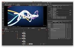 A video editing software interface displaying colorful light trails on a dark blue background.