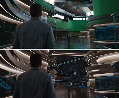 A man looks into a futuristic room, shown first as a green screen set and then as a completed digital environment.