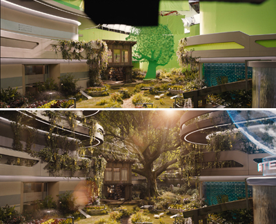 A split view showing a bright green architectural concept and a realistic version of an indoor garden.