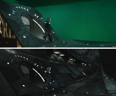 A person in a spacesuit walks on a tilted, circular sci-fi set against a green screen and a dark starfield.