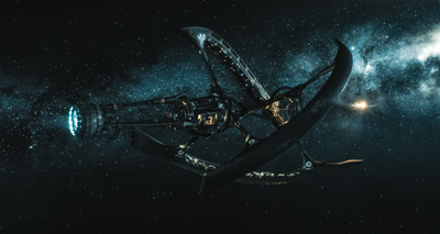A massive, curved spacecraft with ring-like structures floating in a dark, star-filled nebula.