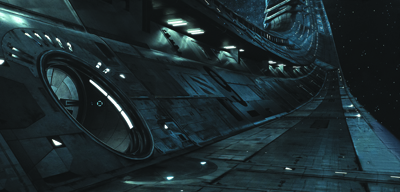 A detailed view of a dark, metallic sci-fi spaceship hull with glowing lights against a starry background.