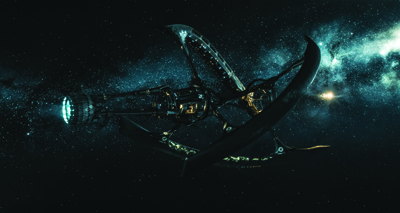 A massive, curved spacecraft with glowing lights traveling through a dark, starry nebula.