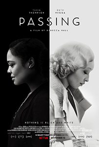 Black and white poster showing two women in profile facing opposite directions against split black and white backgrounds.