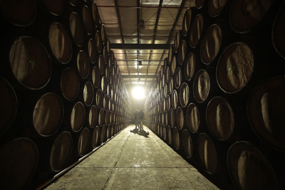 Rows of large wooden barrels line a long, dimly lit warehouse aisle leading toward a bright light.