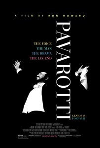 Black and white poster for Pavarotti featuring a man with arms raised against a black background.