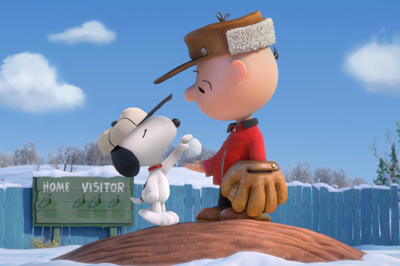 A cartoon boy in a red jacket and pilot hat looks down at a white beagle wearing a hat in a snowy landscape.