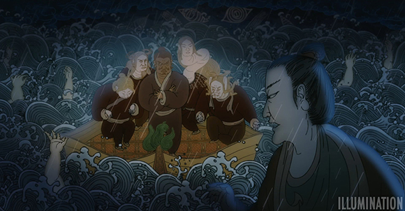 An illustration of several people in a small wooden boat struggling through large, swirling dark waves.
