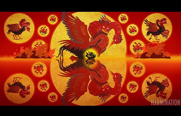 Red and gold illustration of stylized roosters on circular gold backgrounds against a red backdrop.