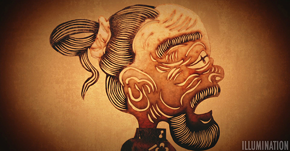 A stylized, sepia-toned line art illustration of a human profile with exaggerated features and textured hair.