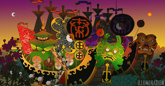 Colorful illustration of a traditional Chinese ship decorated with large, ornate masks and patterns.