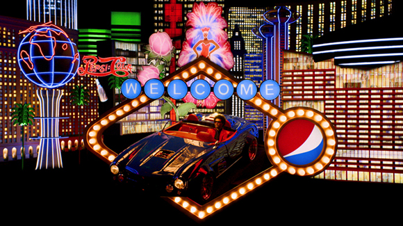 Neon signs including a globe, Pepsi-Cola, and 'WELCOME' surround a blue convertible car against a city backdrop.